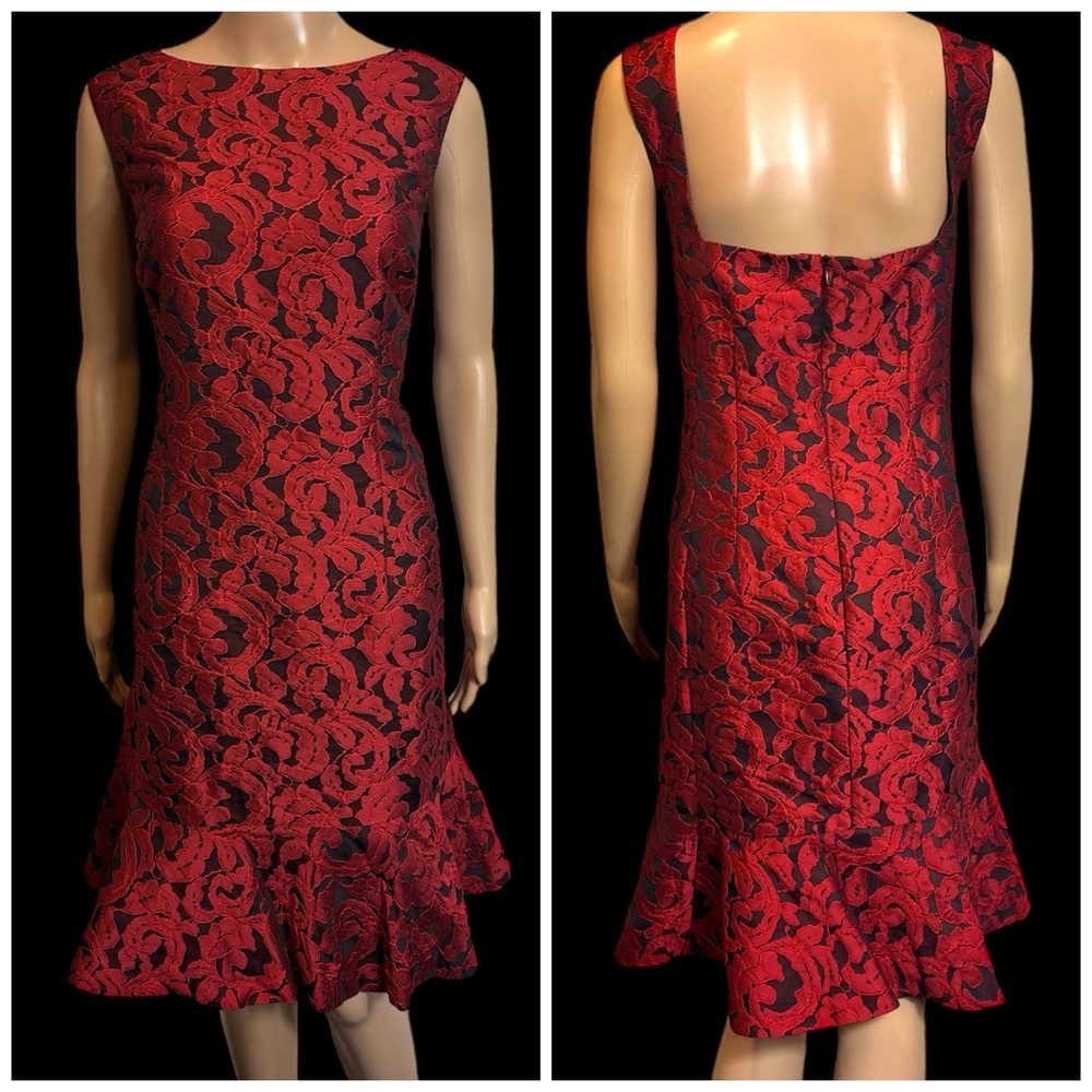 Ann Taylor Deep Red Jacquard Flounce Dress